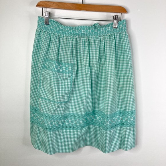 Vintage Handmade Teal Green Gingham Apron Cross Stitch Tie Waist Pocket - Picture 4 of 13